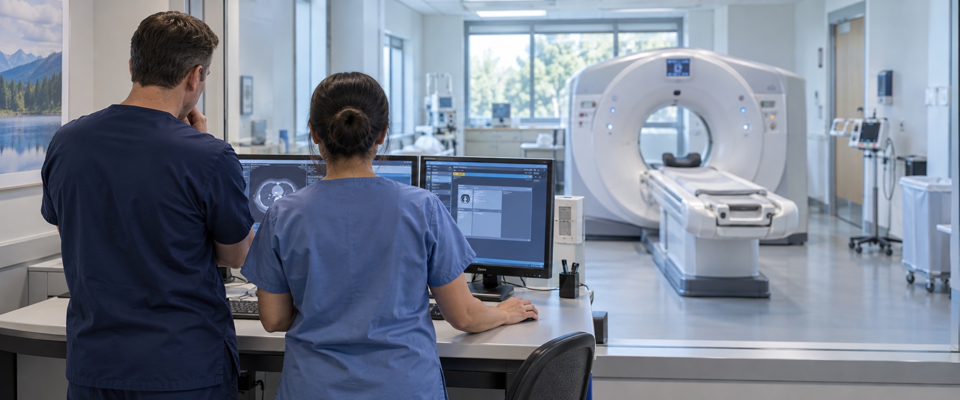 Illustrative scene of imaging staff viewed from behind at a workstation with a CT scanner in the background